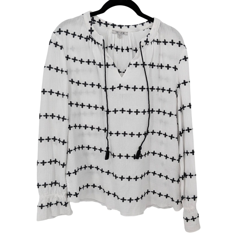 NIC+ZOE Blouse Women Large White Embroider Gauzy Peasant Top Peasant Tassel Boho